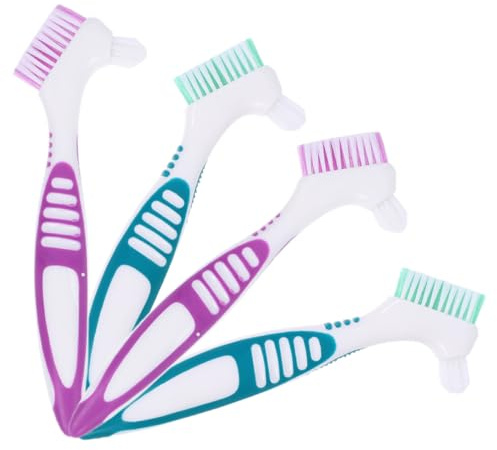 Spazzola per Pulizia Protesi Dentali 4 Pezzi in Pp e Nylon | Doppia Faccia, Setole Multistrato, Impugnatura Grande, per Dentiere e Gengive, Uso Semplice