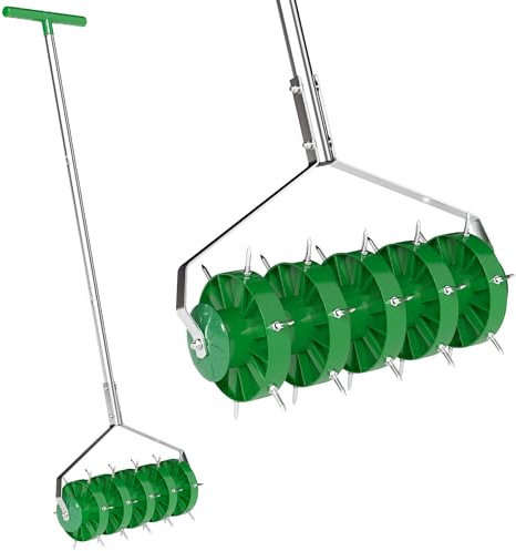 Outsunny aireador de césped rodante, Rodillo Manual para césped, aireador de jardín Resistente con Mango Desmontable de 3 Piezas y empuñadura con Barra en T, Herramienta de jardín para césped, Verde