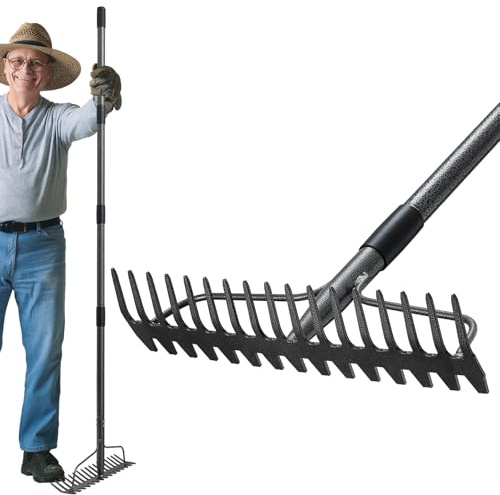 Rastrello ad arco regolabile resistente da 160 cm, 2 in 1 a doppia testa, in acciaio, per raccogliere foglie, paglia di pino, paglia, rompere il terreno e livellare ghiaia