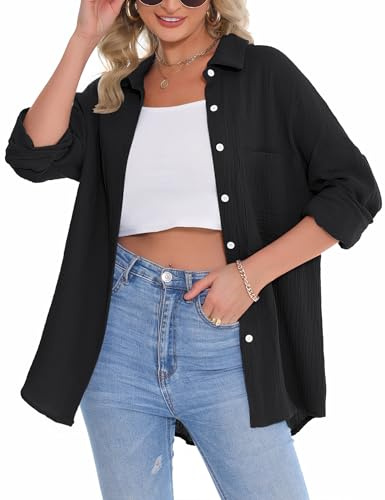 Aottori Camicia Donna Manica Lunga Blusa in Lino Cotone Camicetta Elegante con Bottoni Camicie Oversize Classico Shirts Casual Nero L