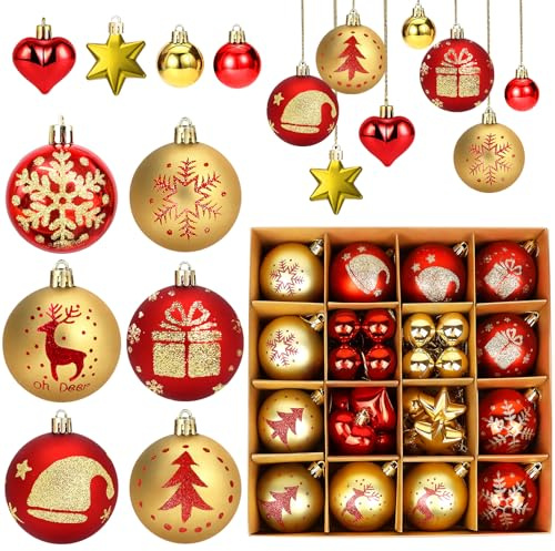 Christmas Balls Ornaments Red and Gold Xmas Tree Decoration,40Pcs Shatterproof Plastic Hanging Baubles Decorations with Lanyards for Festive Winter Holiday Party Home Decor