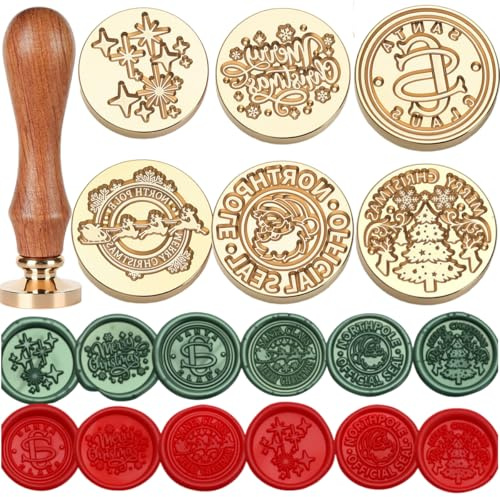 6Pcs Christmas Tree Elk Wax Seal Stamp Kit, Removable Sealing Wax Stamp Head, Great for Decorating Christmas Party Invitations (6A)