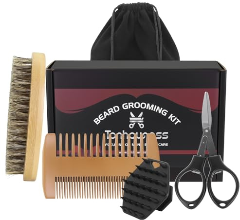 tonhawness Beard Brush and Comb Set For Men, Facial Care Kit With Natural Boar Bristle Brush, Wooden Comb, Silicone Soft Cleansing Brush And Mustache Scissors.