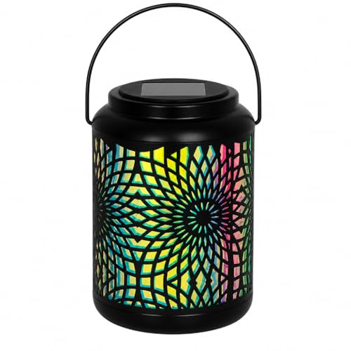 MIJOMA Solar-Laterne 18 cm, Metall schwarz, warmweißes LED-Licht, Mandala-Lichtspiel, Solarpanel mit Auto-Ein/Aus & Tragehenkel – Outdoor-Windlicht für Garten, Balkon & Terrasse