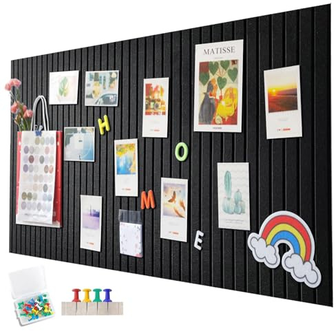EUBSWA 90 x 60cm Große Filz Pinnwand Selbstklebend,vertikaler Streifen dekorative Pinnwand aus Filz,Filzboard, faltbare Fototafel Memotafeln Memo Boards Bulletin Board für Büro Küche,Schwarz