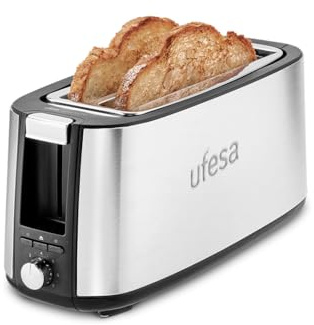 Ufesa Toaster Toastie Duo Plus 1400W aus Edelstahl, 2 Lange Schlitze, 7 Leistungsstufen, Funktionen Aufwärmen/Auftauen/Abbrechen und Herausnehmbare Krümelschublade