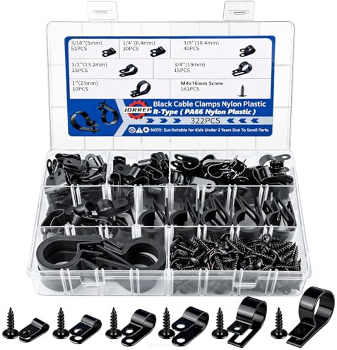 JORREP 322PCS Black Cable Clips R-Type Nylon Wire Clips Assortment Kit 6 Sizes 3/16 1/4 3/8 1/2 3/4 1 Cable Clamps with M4 Screws for Wire Managemen, Office, Garage