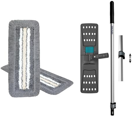 OKAEI Wischmop-Komplettset 50 cm – 2× Bezug Grau-Weiß-Beige + Klapphalter & Alu-Teleskopstiel – Für Feucht- & Nassreinigung – Ideal für Haushalt & Gewerbe