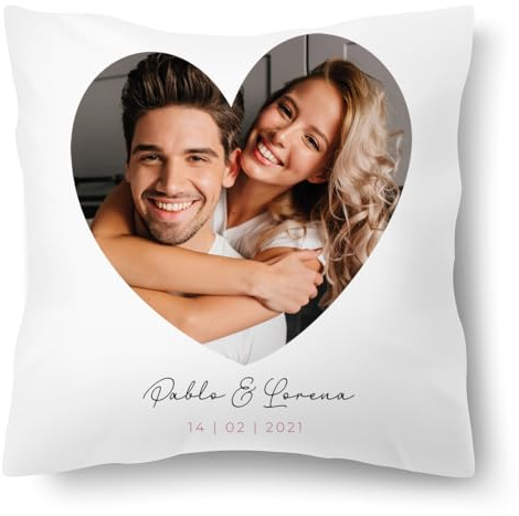 Genérico Cojín Personalizado con Foto en Forma de Corazón, Blanco, con Nombres y Fecha, Regalo Romántico San valentín día de los Enamorados cumpleaños Pareja