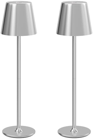UPXNBOR LED Tischlampe Kabellos 2er Set, Metall Tischlampe Outdoor & Indoor | Akku Tischleuchte, Nachttischlampe Touch, Schreibtischlampe, 3-stufiges Warmlicht, 2 Höhen, IP54 Wasserfest, Silber