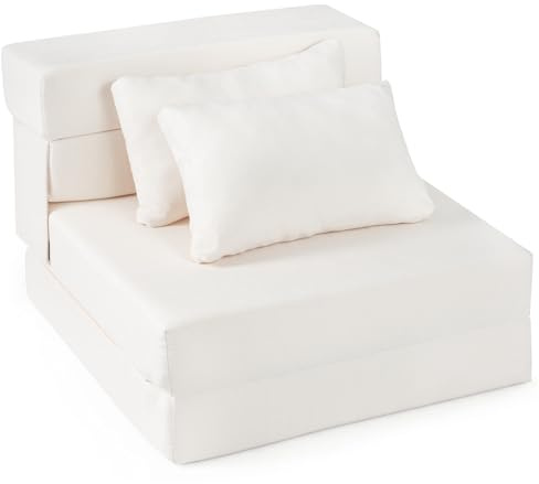 COSTWAY Vikbar bäddsoffa, 3-i-1-golvsoffa med sovfunktion, sovfåtölj av chenille-tyg inkl. 2 kuddar, bäddsoffa för vardagsrum, sovrum, hemmakontor (beige, 1-sitsig)