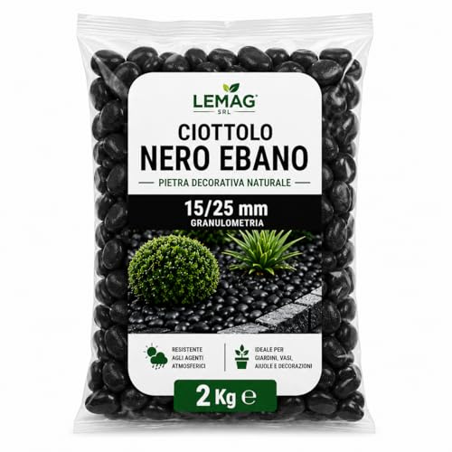 Lemag srl Ciottolo Nero Ebano 15/25 mm in Sacco da 2 kg Pietra Decorativa per Giardino Vasi Aiuole Decorazioni Interno Esterno