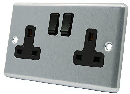 AET CSC2GSOCBL Satin Chrome Classical 2 Gang Black Insert Plastic Rocker Switches-13 Amp Double Plug Socket, 240 V