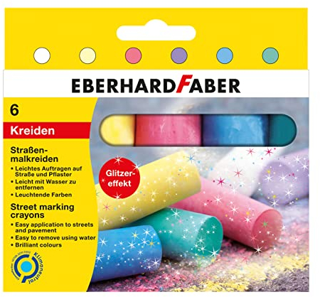 Eberhard Faber 526504 - Straßenkreide Glitzer, 6 leuchtenden Farben Straßenmalkreide im Kartonetui