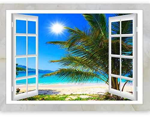murando – 3D ILLUSION D'OPTIQUE – 210x150 cm Papier peint intissé – Tableaux muraux – Déco – Vue depuis la fenetre – Mer Plage Palmier