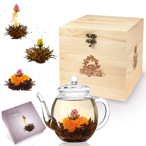 Mix de fleurs de thé Creano - in coffret cadeau déco bois « Floraison » -avec théière en verre | Thé noir 6 thés fleuris en (3 sortes différentes de roses de thé)
