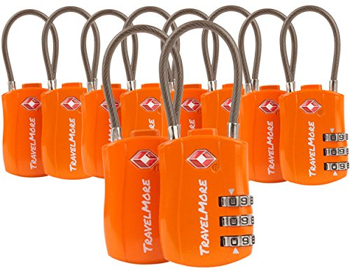 TSA-Kofferschlösser | Gepäckschlöss mit flexiblem Kabel | TSA-Schlöss für Flugreisen | Schlösser für Koffer, Rucksäcke, Gepäck | 10er-Pack, Orange