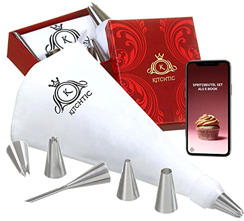 KITCHTIC Premium Spritzbeutel Set 6-teilig - Wiederverwendbarer Spritzsack aus Baumwolle mit 6 Edelstahl Spritztüllen, Adapter, Reinigungsbürste, Spülmaschinen geeignet, Für Backen, Geschenkbox
