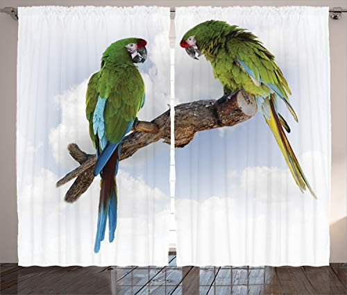 ABAKUHAUS Tropisch Rustikaler Gardine, 2 Parrot Ara Vogel, Schlafzimmer Kräuselband Vorhang mit Schlaufen und Haken, 280 x 175 cm, Braun Grün Weiß