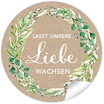 72 STICKER: LASST UNSERE LIEBE WACHSEN GRÜN KRANZ NATUR BRAUN Kraftpapier Optik • Hochzeit Wedding Taufe Flachbeutel Samen Blüten Taschentücher Gastgeschenke • 4 cm rund matt