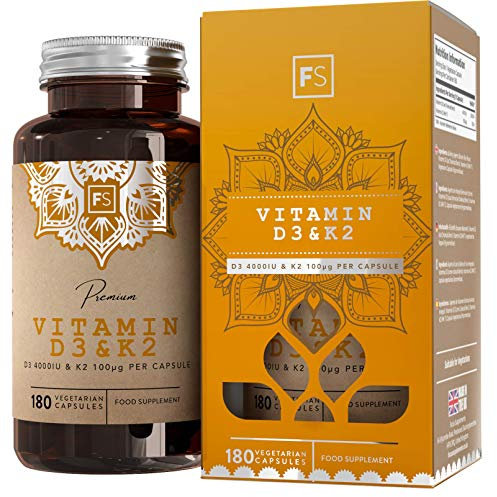 FS Vitamin D3 K2 | 180 D3 and K2 Vitamin Capsules - High Strength Vitamins D3-4000 iu & K2-100μg per Serving | Vitamins D&K2 Supplements | Non-GMO & Allergen Free | Made in The UK