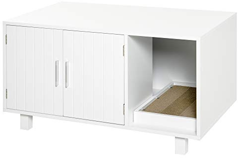 PawHut Wooden Cat Litter Box Enclosure & House with Nightstand/End Table Design, Scratcher, & Magnetic Doors, White