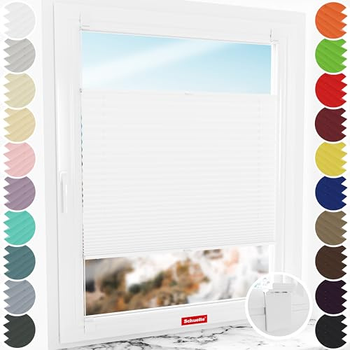 Schuette® Plissee ohne Bohren zum Kleben ● Premium Kollektion: White Day (Weiß) ● 55x200cm (Breite x Höhe) ● Suprafix Faltrollo Klebehalterung ● Bequeme Rollo Montage inkl. Video