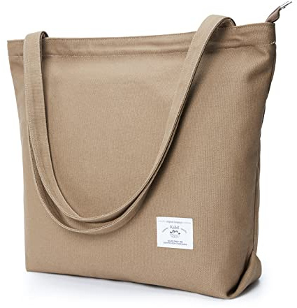 KALIDI Canvas tygväskor för kvinnor med dragkedja, vardagliga damväskor med innerficka stor tygväska handväska shoppingväska strandväska för damer flickor, skola, arbete, shopping, Khaki, Large