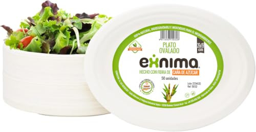 EXNIMA, Pack 100 Platos Desechables Biodegradables de Caña de Azúcar, Ovalados, Vajilla Desechable, Ecológica 100% Natural, Resistente, para Evento, Fiestas, Barbacoa, Cumpleaños y Manualidades.