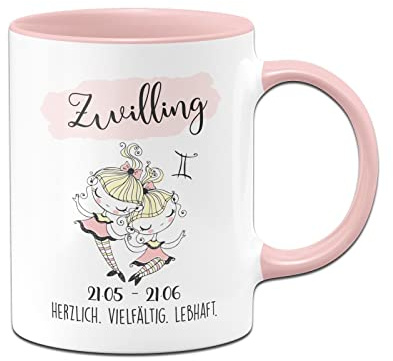 Tassenbrennerei Tasse mit Sternzeichen Zwillinge - Kaffeetasse Rosa als Geschenk zum Geburtstag, Horoskop, Astronomie (Zwillinge)