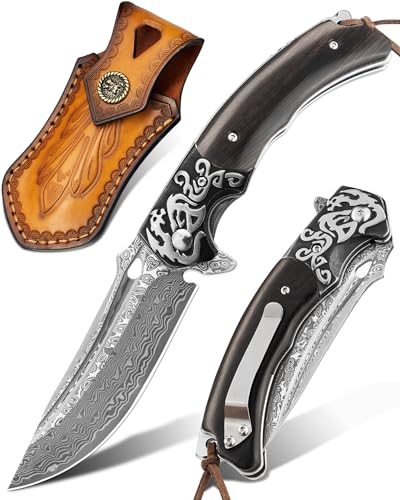 LOTHAR RHAEGAL Couteau de Poche Damas, Couteau Pliant Damas en Acier Damas 67 Couches VG10, Couteau Damas à une Main Avec Manche en Bois, Pour Collection ou Cadeau (ébène)