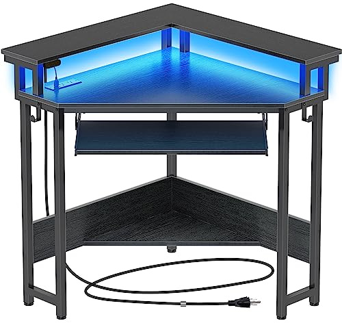 Rolanstar Bureau d'angle Gaming avec Prise USB/Type-C, Bureau avec Rangement et Support Monitor & Plateau Clavie, Bureau PC pour Petit Espace de Travail 113x87cm (Noir)