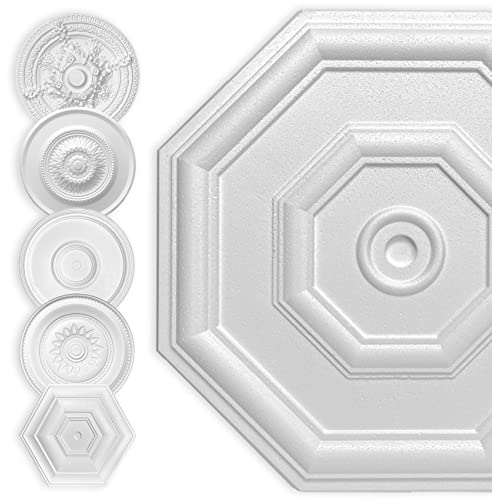 HEXIM Stuckrosette Styropor EPS weiß, Deckenrosette rund & eckig, Innendekor für Decke & Wand, Deckenrosette Kronleuchter Zierelement Architektur Stuck (40x40 cm Achteck)