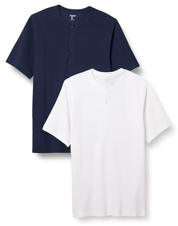 Amazon Essentials Camisa de manga corta Henley y corte recto (disponible en tallas grandes y largos especiales) Hombre, Pack de 2, Azul Marino/Blanco, XXL