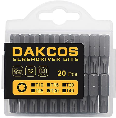 DAKCOS Juego de puntas de destornillador de estrella Torx de T30 de 20pc | acero S2 longitud de 25mm