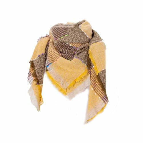 SHTGOI Winterschal Kariert Dreieckstuch Streifenschal Wolle Strickschal Wickelschal mit Fransen Weich Warm Lange Damenchals Halstücher Dick Deckenschal Poncho für Herbst Winter SJ6 Gelb