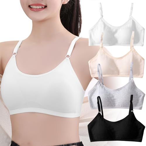 WOKICOR 4 Packs Mädchen Sport BHS Teens Unterwäsche Mädchen gepolsterte Training BHS mit Fest Gepolsterte (DE/NL/SE/PL, Numerisch, 70, 90, Regular, schwarz+weiß+grau+hautfarben)