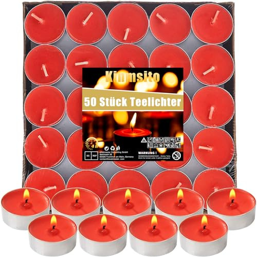Kinmsito 50 Stück Teelichter, Romantische Teelichter, Runde, Rot | Runde Romantische Rote Kerzen, Brenndauer 4 Stunden, Rauchfreie Teelicht Liebe Kerzen for Geburtstag, Vorschlag, Party