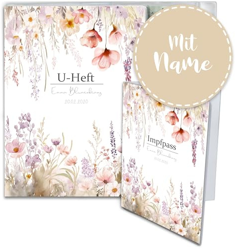 Minilino personalisierte U Heft Hülle 3-teiliges Premium Set für Impfpass & U-Heft [ SCHÜTZT WICHTIGE DOKUMENTE ] Organizer für Untersuchungsheft (Blumenwunder weiß)