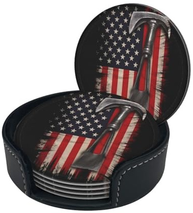 ZLYYXY Stylish Coasters - Firefighter Axe Red Line Flag Set of 6 Round Leather Drink Coasters with Holder - Perfect Size for Cups and Glasses, 10555