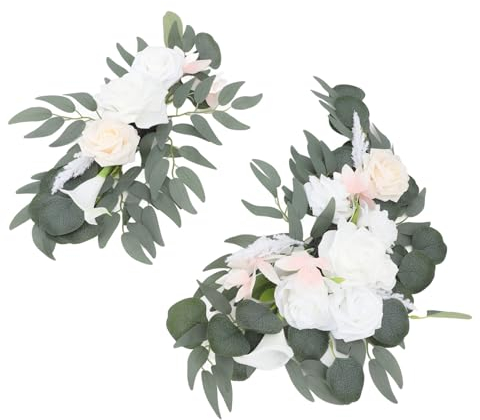 ZHDOKA 2 Stück Hochzeitsbogen-Blumen, Künstliche Rosen-Pfingstrosen-Bogen-Blumengirlande mit Grünen Blättern, Künstliche Pfingstrosen-Girlanden für die Haustür, Dekorative(Weiß)