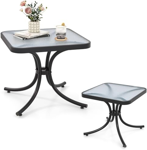 KOMFOTTEU Tavolo da giardino in vetro temperato, tavolino ausiliario con telaio in metallo, tavolo da pranzo quadrato per esterni e interni, tavolino da salotto per terreza, balcone, patio, 50 x 50 x