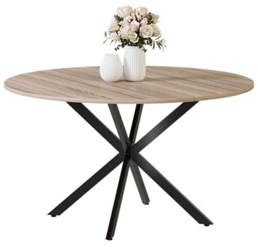 MSFE Esszimmertisch Rund,120cm Küchentisch Rund,Hölzerner Küchentisch Retro Industrieller Esszimmertische mit Schwarz Metallbeinen und Einem Natürlichen Walnuss-Finish