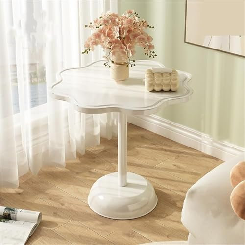 Flower Shape Small Coffee Table for Living Room and Bedroom, Cute Bedside Table with Round Plate Support for Balcony, Simple Couch Side Table (White)