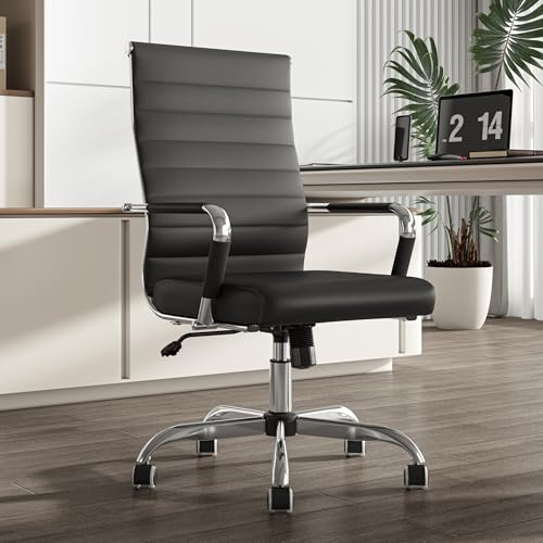 UEV Ergonomic Office Chair, PU Leather, Modern Design with Armrests & Casters, Adjustable Height, 360° Swivel, Supports Up to 150kg (Black (Silver frame))