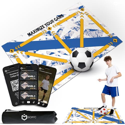 BIORYC® Tappeto da Allenamento Calcio Antiscivolo (60x90cm) con App di Video Interessanti. Tappetino in Diatomea Premium. Migliora Controllo e Dribbling a Casa Calcio Bambini (MAD)