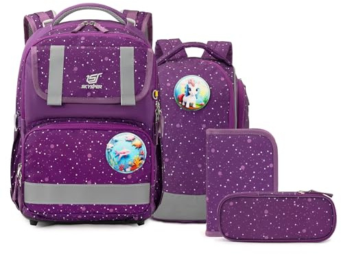 SKYSPER Schulranzen-Set 5-teilig, Schulrucksack Ergonomischer Tragesystem 16L Schulranzen mit 360° Reflektorstreifen für Mädchen Gungen Kinder 1. klasse für Reisen Sport