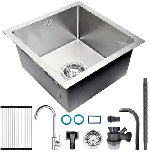 AIVANOTO 38 x 38 cm, 1 Basin, Kitchen Sink, Small Single Sink, with Tap, Draining Board, Drain Set, Built-in Sink, Stainless Steel Sink, Undermount Sink, Scratch-Resistant Grain Surface, Silver