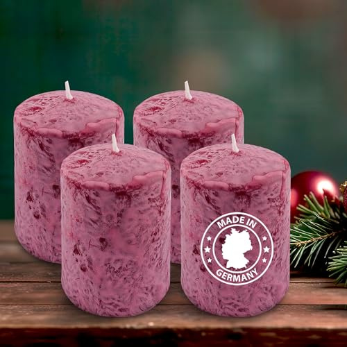 Alluvo Stumpenkerzen 4er Set Kaminrot 90 x 60 mm aus Naturwachs | Palmölfreie, unparfümierte Kerzen mit bis zu 104 Stunden Brenndauer – ideal für Advent, Hochzeit und Tischdekoration