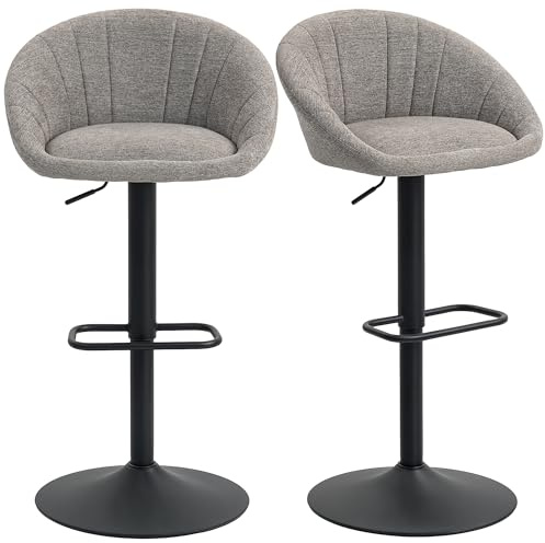 HOMCOM Bar Stools Set of 2, Swivel Upholstered Breakfast Bar Stools with Back and Footrest, Tub Bar Chairs for Kitchen Island, Counter, Dining Room, Grey
